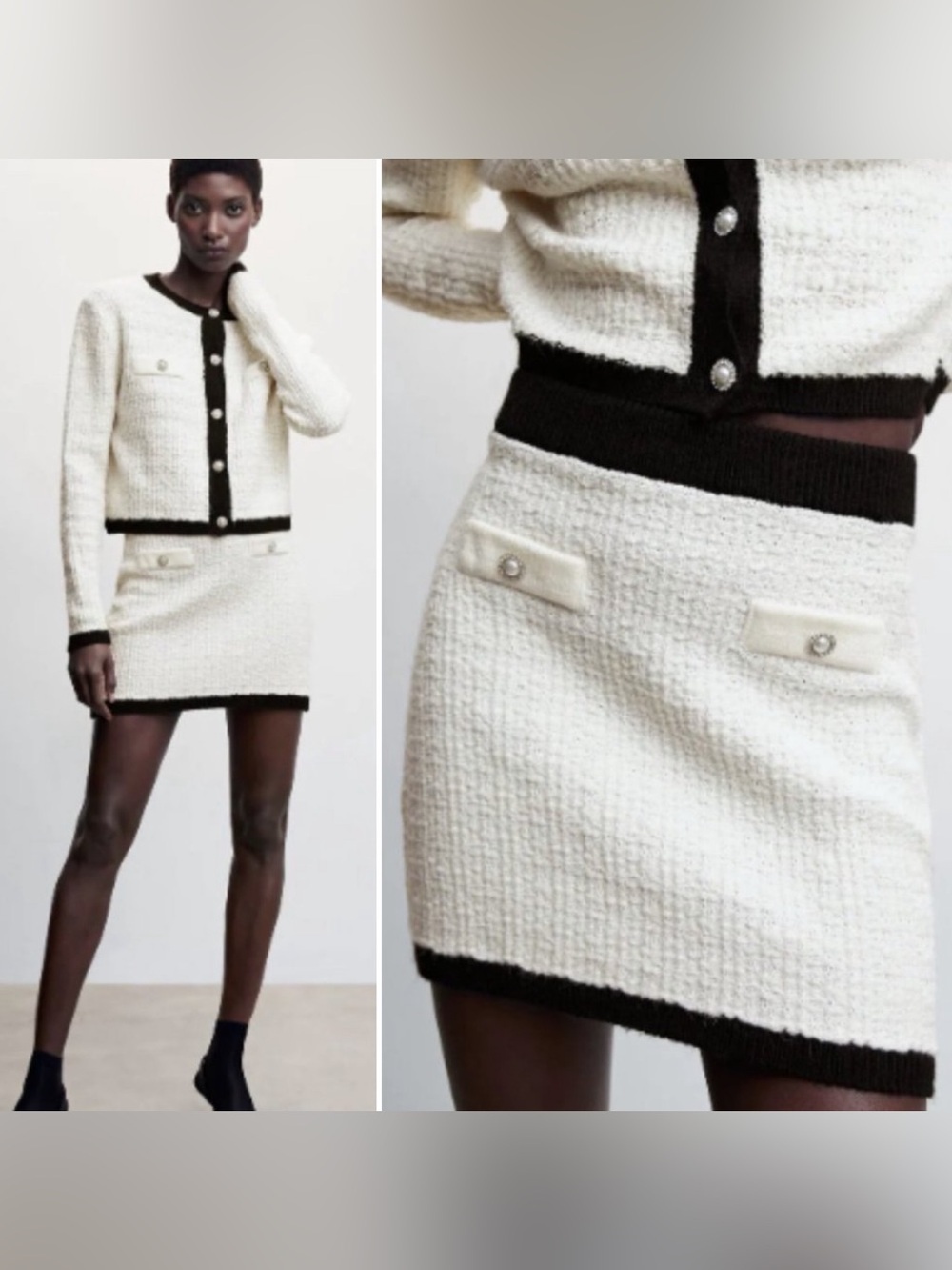 Mango- Pocket Tweed Skirt Size Large Off White Cotton Blend Office